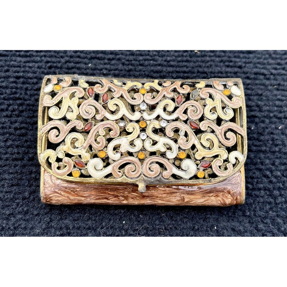 Vintage Ornate Brass Filigree Jeweled Pill Box Trinket Holder Floral Enamel